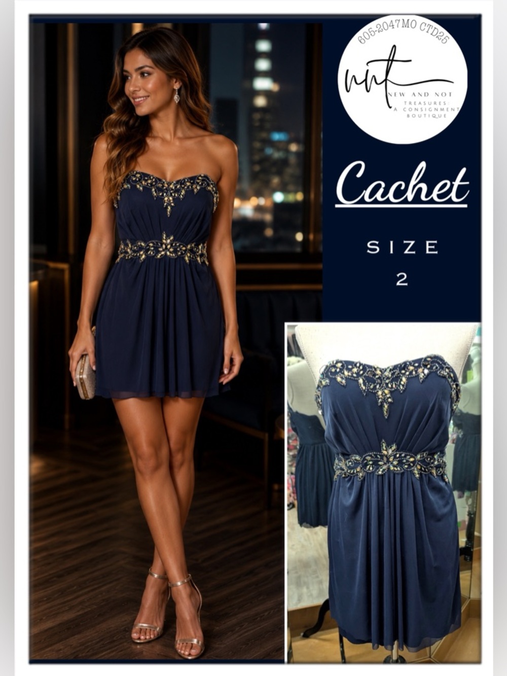 Cachet Navy Beaded Strapless Grecian Chiffon Mini Cocktail Dress Sz 2